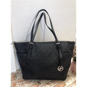 Michael Kors Black Large Jet Set Tote Bag Silver Logo Zipper 15"x11"